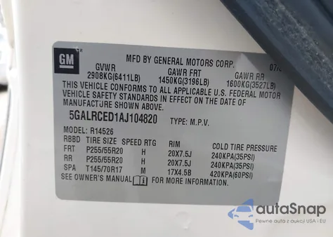 2010 Buick Enclave 2Xl из США, поврежденный, VIN 5GALRCED1AJ104820